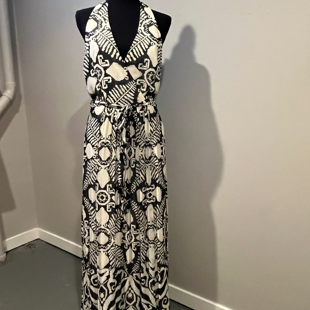 Milly Black/Ecru printed halter maxi dress